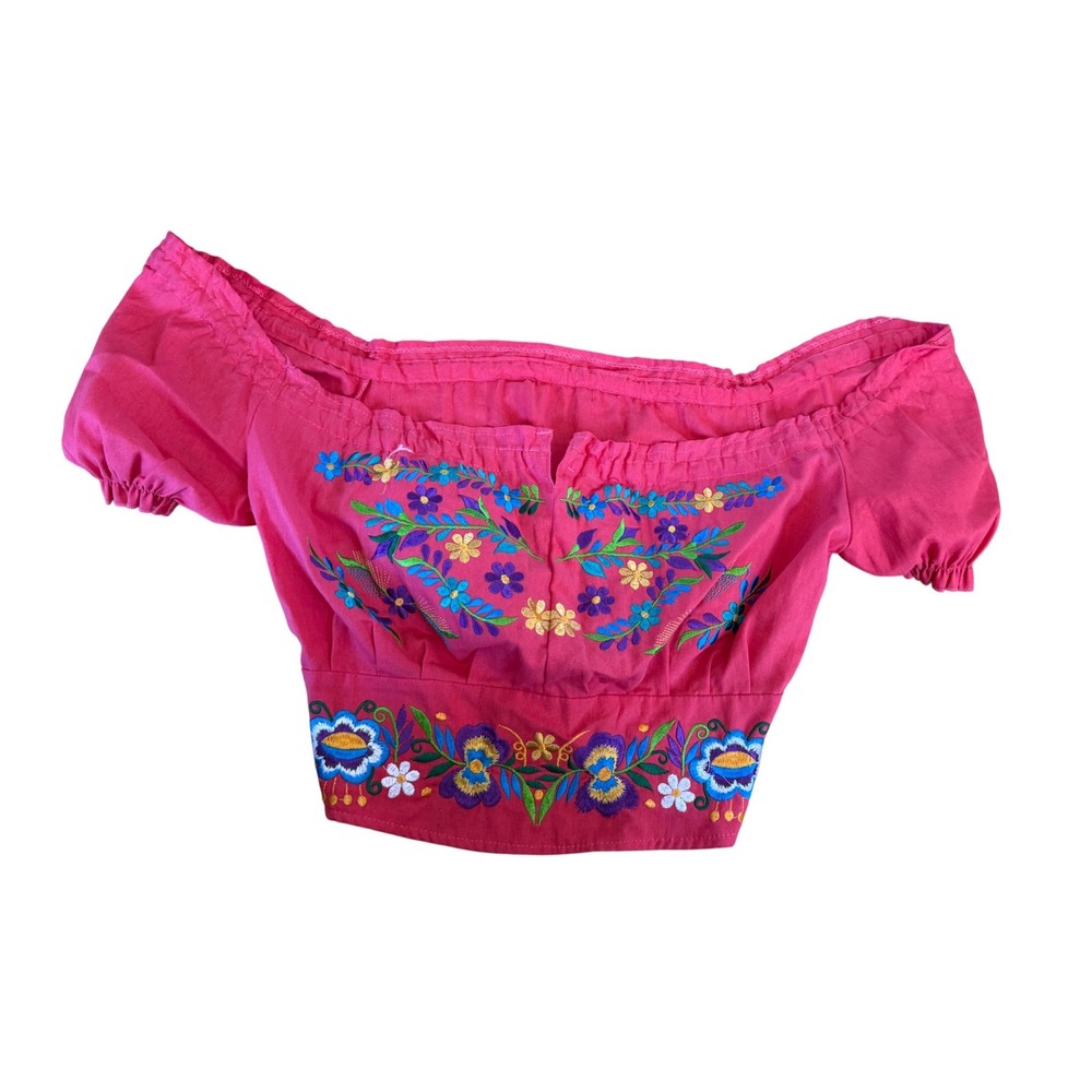 Pink Mexican Floral Embroidered Off Shoulder Peasant Crop Top Smocked Back